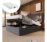 KOMHTOM Lit 140x200 avec matelas 620 ressorts, tête ajustable, liseuse USB-C, coffre, gris