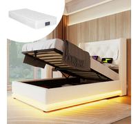 KOMHTOM Lit 90x200cm avec matelas 406 ressorts, coffre hydraulique, LED 3 côtés, blanc