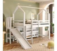KOMHTOM Lit Cabane avec Toboggan et Escalier - Lit Mezzanine 1 Place 90x200 Multifonctionnel avec Compartiments et étagères, Cadre en Pin Robuste pour Ado, Blanc (sans Matelas)