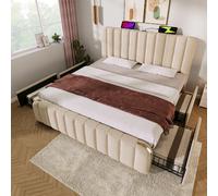 KOMHTOM Lit Double 180x200 cm Capitonné Lin Beige, 4 Tiroirs, USB-C, Cadre Métal 226 kg