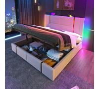 KOMHTOM Lit double 180x200 cm capitonné lin LED RGB USB-C, rangement hydraulique, beige