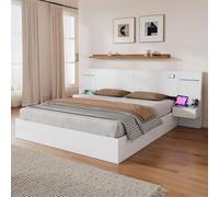 KOMHTOM Lit Double en Bois avec Horloge électronique, Lit Moderne Multifonctionnel avec 2 Tables de Chevet, Port USB, Haut-Parleur Bluetooth, Bande Lumineuse Colorée(sans Matelas) (180×200cm Blanc)