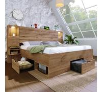 KOMHTOM Lit Double en Bois avec Spots LED et Port USB Type-C, Cadre de Lit Plateforme avec 2 Tables de Chevet et 3 Tiroirs, Espace de Rangement(sans Matelas) (160x200cm-B)