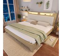 KOMHTOM Lit Double en Bois, Cadre de lit Plateforme Multifonctionnel, Éclairage LED, Tête de lit équipée d'un Dossier Rembourré en Velours Côtelé Beige(sans Matelas) (160 x 200CM)