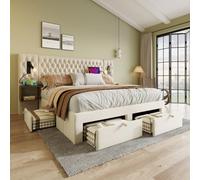 KOMHTOM Lit Double Rembourré avec Lampe de Lecture,Lit 180x200 avec Sommier | Cadre de lit,Tête de lit Grande,2 Tables de Chevet,4 Tiroirs de Rangement,Prises de Recharge,Velours,Chambre à Coucher