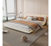 KOMHTOM Lit Double Rembourré avec Lumière d'ambiance LED, Lit Plat avec Sommier à Lattes en Bois, Design Unique, Moderne, PU(sans Matelas) (Blanc, 160x200cm)