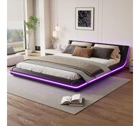 KOMHTOM Lit Double Rembourré avec Lumière d'ambiance LED, Lit Plat avec Sommier à Lattes en Bois, Design Unique, Moderne, PU(sans Matelas) (Noir, 160x200cm)