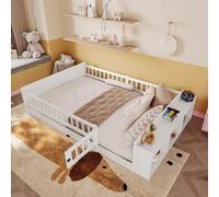 KOMHTOM Lit Enfant en Bois avec Rails de Sécurité et Porte, Cadre de Lit Blanc avec Rangement Ouvert et Sommier à Lattes(sans Matelas) (140x190 cm)