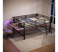 KOMHTOM Lit Métallique avec Bureau Pliant et Bande Lumineuse LED Télécommandée Lit Mezzanine avec Sommier à Lattes Cadre de Lit (sans Matelas) (Noir, 140 x 200cm)