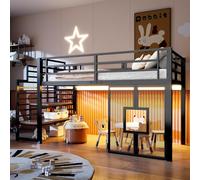 KOMHTOM Lit Mezzanine 140x200 cm Combiné avec Bureau Armoire Escalier de Rangement Prise Électrique et LED Chambre Enfant Ado Bois Blanc (Noir (Modèle Cabane))