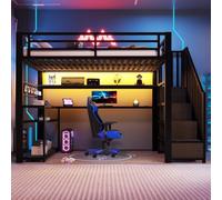 KOMHTOM lit Mezzanine 90×200cm avec Bureau,LED et penderie Noir | Structure métal et MDF,passe-câbles,panneau perforé et étagères d’escalier