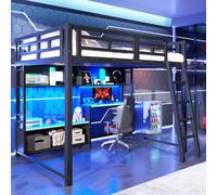 KOMHTOM Lit Mezzanine Gaming 140x200 cm,Cadre de lit avec Port de Recharge | Lit Surélevé,éclairage LED,Panneau Perforé Métallique,étagères de rangement,Barrières de Sécurité,pour Adolescents et Adultes