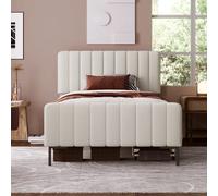 KOMHTOM Lit rembourré 90x200 cm, tête réglable, matelas ressorts inclus, lin, gris beige