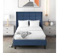 KOMHTOM Lit simple 90x200 cm capitonné lin bleu, matelas ressorts ensachés, cadre acier