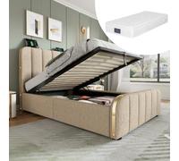 KOMHTOM Lit Simple 90x200 cm Hydraulique 406 Ressorts Matelas Inclus USB-C Lin Métal Beige