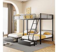KOMHTOM Lit superposé 3 Places avec Rangement Lit en métal avec Deux tiroirs, composé d'un lit 2 Personnes 140x200 et de Deux Lits 1 Personnes 90x200 (Noir, Matelas Non Inclus)