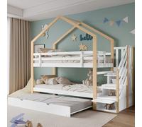 KOMHTOM Lit Superposé Enfant 90x200cm avec Lit Gigogne, 3 Places en Bois Design Toit, Cadre de Lit avec 3 Échelles de Rangement et Sommier à Lattes, sans Matelas (Blanc + Nature - G)