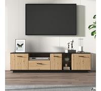 KOMHTOM Meuble TV noir et bois naturel - Commode multifonction 3 portes, 2 compartiments, 1 tiroir - Vitrine LED salon, chambre