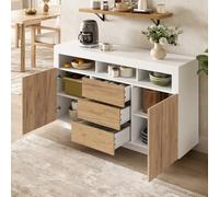 KOMHTOM Sideboard 120 cm Grand Buffet de Salon avec 3 Tiroirs et 2 Portes à Motif Chevron Commode en Panneau de Particules Bois Naturel Noir (140x40x85cm)
