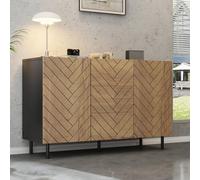 KOMHTOM Sideboard 120 cm Grand Buffet de Salon avec 3 Tiroirs et 2 Portes à Motif Chevron Commode en Panneau de Particules Bois Naturel Noir(120x40x76cm)