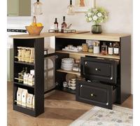 KOMHTOM Table à Manger Pivotante à 360°avec Armoire de Rangement, Meuble Bar Mobile, Bar Cuisine avec 2 Portes, 3 Tiroirs et étagères latérales (Noir-5)
