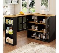 KOMHTOM Table à Manger Pivotante à 360°avec Armoire de Rangement, Meuble Bar Mobile, Bar Cuisine avec 2 Portes, 3 Tiroirs et étagères latérales (Noir-4)