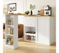 KOMHTOM Table à Manger Pivotante avec Armoire de Rangement, Table de Bar Extensible, Bar Cuisine avec Espace de Rangement, Buffet avec étagères et Vitre (Blanc-4)