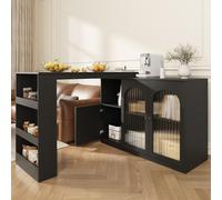 KOMHTOM Table à Manger Pivotante avec Armoire de Rangement, Table de Bar Extensible, Bar Cuisine avec Espace de Rangement, Buffet avec étagères et Vitre (Noir)