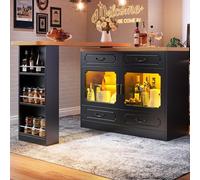 KOMHTOM Table à Manger Pivotante avec Armoire de Rangement, Table de Bar Extensible, Bar Cuisine avec Espace de Rangement, Buffet avec étagères et Vitre (Noir-2)