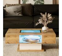 KOMHTOM Table Basse avec LED Table Basse Coffre avec 2 tiroirs et 1 Compartiment de Rangement Ouvert, Table d'appoint avec Plateau en Verre Meubles de Salon Modernes (A)