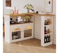 KOMHTOM Table de Bar Moderne Extensible, Bar Cuisine avec Rangement Meuble, Table à Manger Pivotante Bande LED et Armoire de Rangement (Blanc)