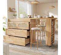 KOMHTOM Table de Bar Pivotante Îlot Central Cuisine avec Rangement Mange Debout Extensible pour Salle à Manger et Télétravail 6 Tiroirs Bois et Rotin Naturel (Naturel-6 Tiroirs&Rotin)
