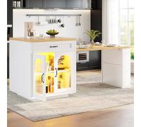 KOMHTOM Table de Bar Pivotante Îlot Central Cuisine avec Rangement Mange Debout Extensible pour Salle à Manger et Télétravail 6 Tiroirs Bois et Rotin Naturel (Blanc - Éclairage LED & Verre)