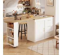 KOMHTOM Table de Bar Pivotante Îlot Central Cuisine avec Rangement Mange Debout Extensible pour Salle à Manger et Télétravail 6 Tiroirs Bois et Rotin Naturel (Blanc/Bois - 3 Tiroirs & 1 Porte)