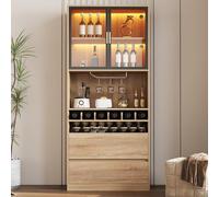 KOMHTOM Vitrine en Verre LED avec Compartiment de Rangement Ouvert et 2 Tiroirs - 80x40x180cm Armoire Moderne - MDF - Buffet en Bois pour Cuisine et Salon (Naturel - B)