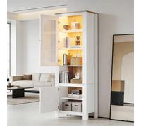 KOMHTOM Vitrine Haute de Salon avec LED 70x188 cm, Armoire de Rangement 2 Portes en Verre, Bibliothèque Moderne Blanc et Bois Naturel (Vitrine LED (70cm) - Blanc/Bois)