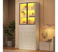 KOMHTOM Vitrine LED pour Collection 70×34×180 cm, 2 tiroirs, Blanche | Panneau de particules, 4 portes dont 2 vitrées, tablette basse réglable, alimentation USB, charnières à fermeture douce