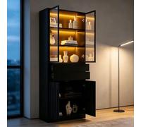 KOMHTOM Vitrine LED pour Collection 70×34×180 cm, 2 tiroirs, Noire | Panneau de particules, 4 portes dont 2 vitrées, tablette basse réglable, alimentation USB, charnières à fermeture douce