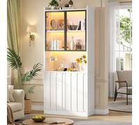 KOMHTOM Vitrine LED pour Collection 80×35×200 cm avec Niche, Blanche | Panneau de particules, 4 portes dont 2 vitrées, tablette basse réglable, push-to-open, alimentation USB