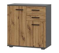 Komodee Buffet FAUSKE - 2 Tiroirs - 2 Portes - Chêne Wotan - Gris - Largeur 69 cm, Hauteur 74 cm, Profondeur 34 cm