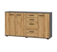 Komodee Buffet FAUSKE - 4 Tiroirs - 3 Portes - Chêne Wotan - Gris - Largeur 138 cm, Hauteur 74 cm, Profondeur 34 cm