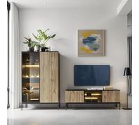 Komodee Ensemble TV Laval Noir/Chene Wotan 257x39x126 cm | Ensemble de meubles de salon Laval, noir, chêne wotan, éclairage LED, largeur 257 cm, profondeur 39 cm, hauteur 126 cm
