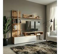 Komodee Ensemble TV Molde Chene Wotan/Blanc 251x174x37 cm | Ensemble de Meubles MOLDE - Étagère en Ensemble - Chêne Wotan - Blanc - Largeur 251 cm, Hauteur 174 cm, Profondeur 37 cm