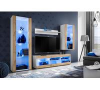 Komodee, Ensembles de Meubles Tivoli Medio, Blanc Wotan, Largeur 250cm x Hauteur 159cm x Profondeur 35cm, LED Bleues, pour Salon, Chambre