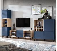 Komodee Fondi Ensembles de Meubles TV 3 armoires avec casier à vin, Style scandinave, pour Salon, Cuisine, Salle à Manger, Bureau, Bleu, Bois Clair, 173x35x272 cm