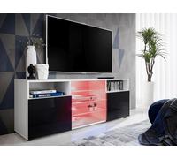 Komodee, Meuble Banc TV Urbino, Blanc Noir, Largeur 140cm x Hauteur 53cm x Profondeur 35cm, LED RGB, pour Salon, Chambre