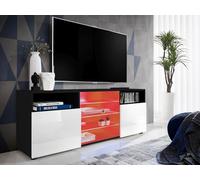 Meuble Banc TV Urbino Komodee - LED RGB - Blanc Brillant et Noir - Facades en Brillant - 140 x 53 x 35 cm