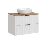 Komodee Meuble Mural avec Lavabo et Plateau Aden - Blanc - Plan De Travail en Couleur Wotan - 2 Tiroirs - 80 x 75 x 46 cm