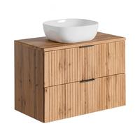 Komodee Meuble Mural avec Lavabo et Plateau Aden - en Couleur Wotan - Fronts Sculptés - 2 Tiroirs - 80 x 75 x 46 cm