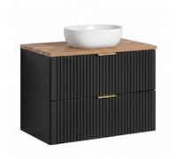 Komodee Meuble Mural avec Lavabo et Plateau Aden - Noir - Plan De Travail en Couleur Wotan - 2 Tiroirs - 80 x 75 x 46 cm